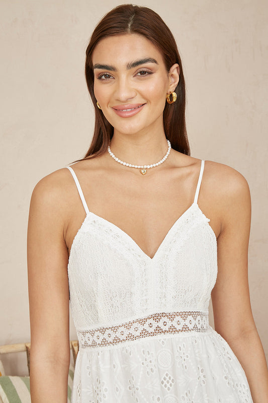 White Tiered Maxi Dress With Ruched Back