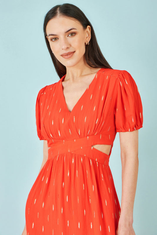Orange Foil Print Viscose Cut Out Midi Dress