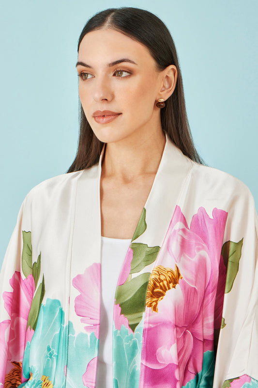 Ivory Floral Print Relaxed Kimono