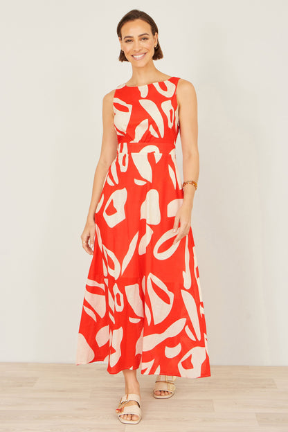 Orange Abstract Maxi Dress With Tie Back