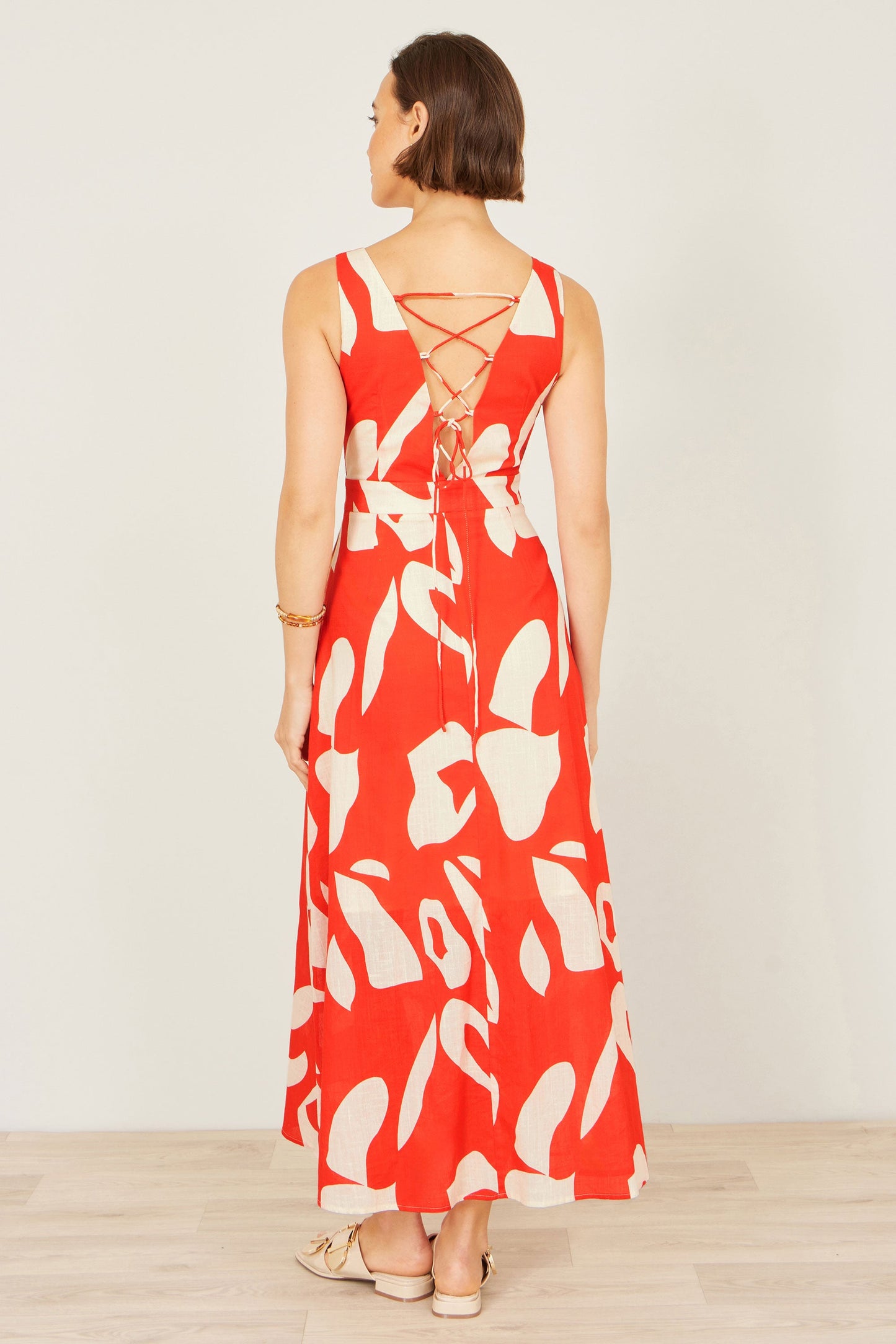 Orange Abstract Maxi Dress With Tie Back