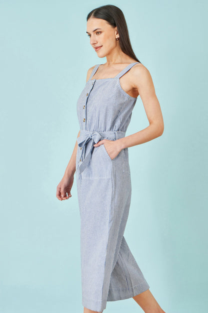 Blue Cotton Stripe Button Through Jumpsuit