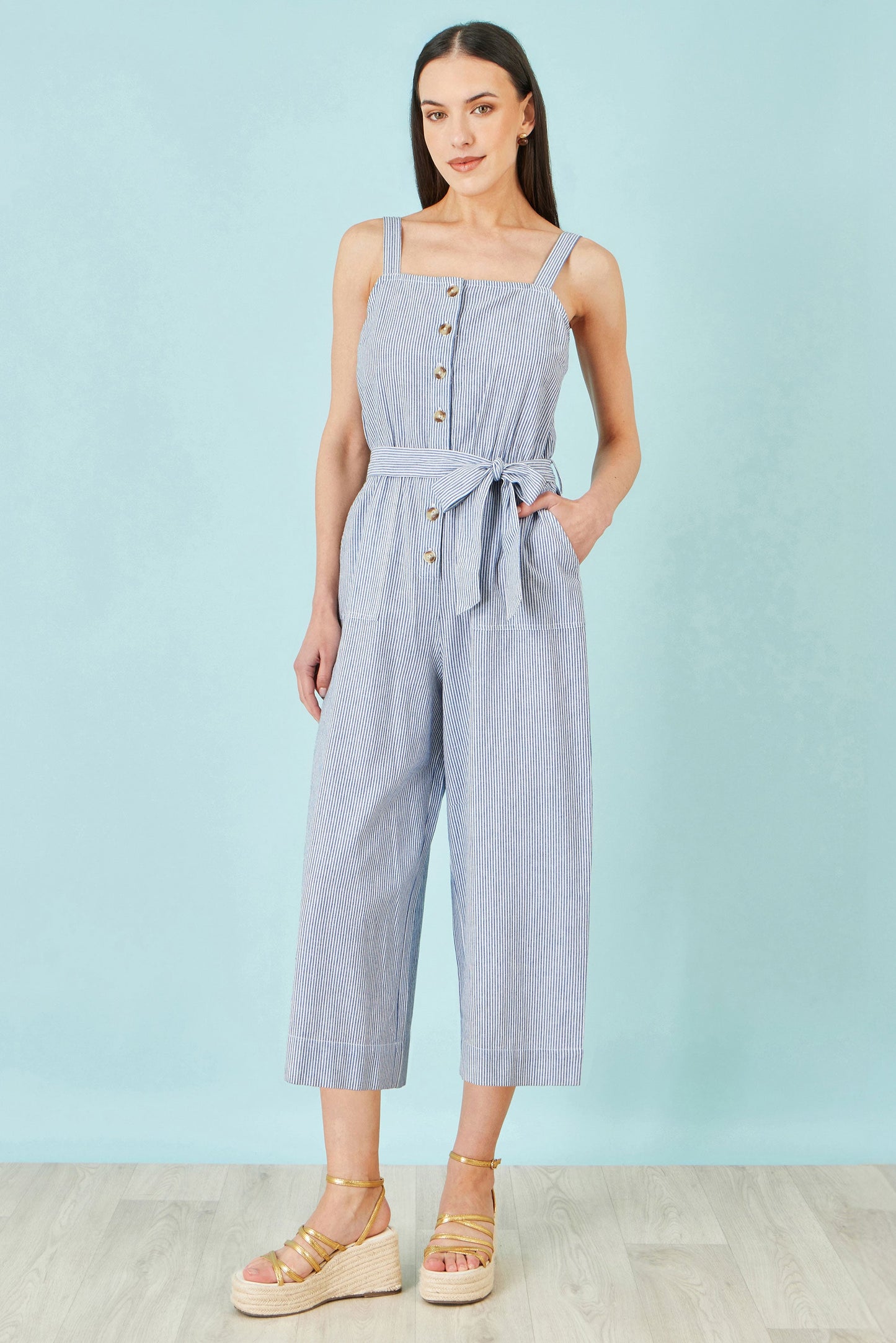 Blue Cotton Stripe Button Through Jumpsuit