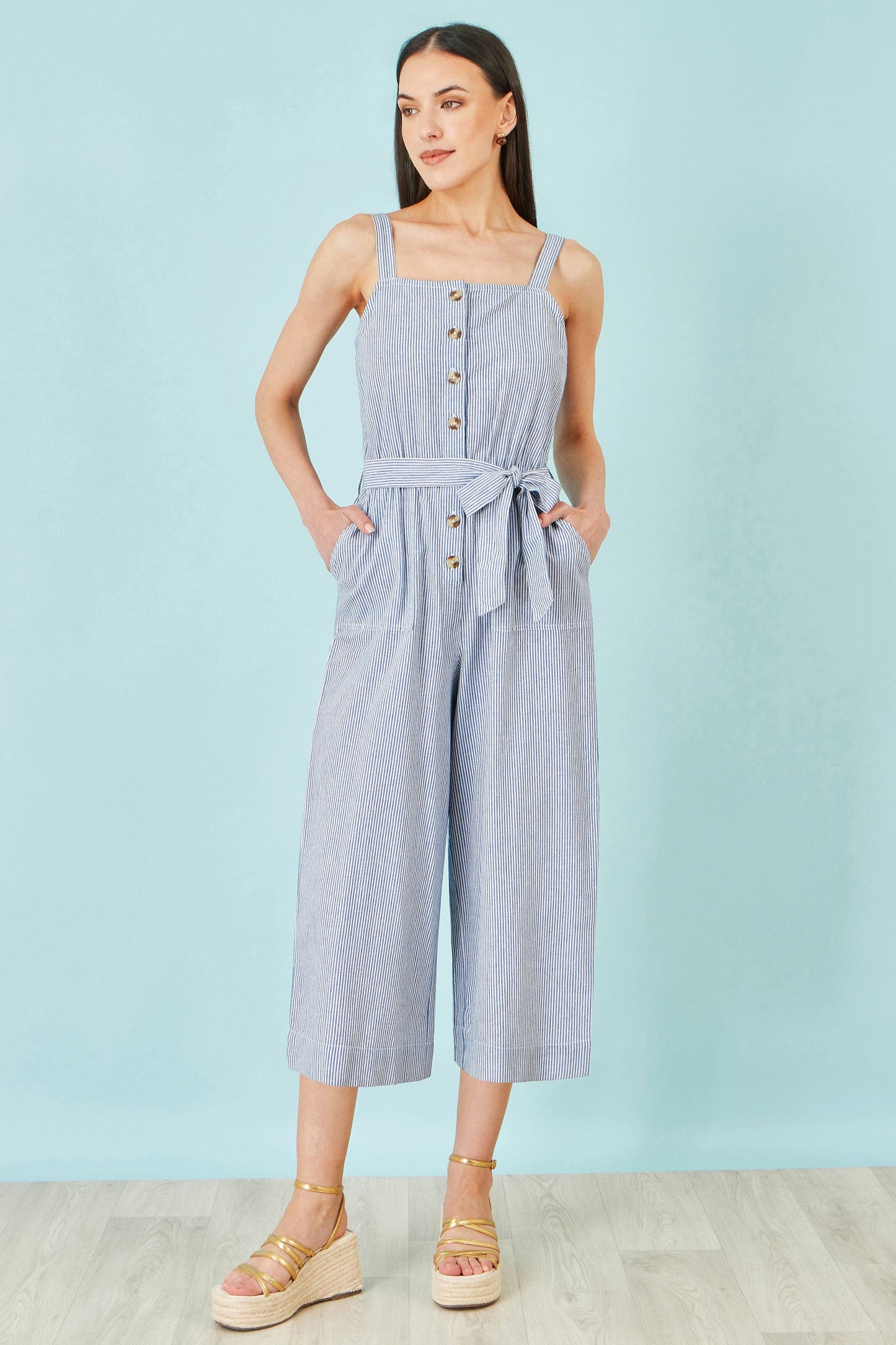 Blue Cotton Stripe Button Through Jumpsuit
