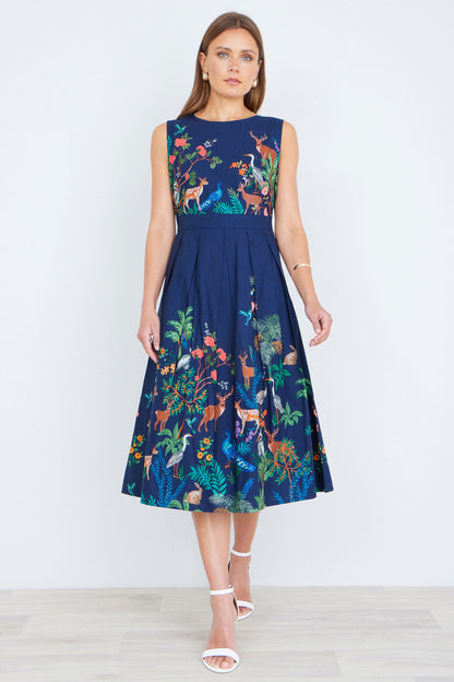 The Woodland – Navy Cotton Midi Skater Dress