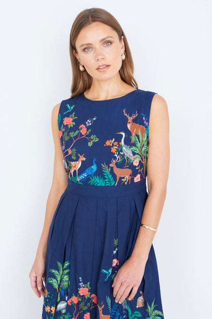 The Woodland – Navy Cotton Midi Skater Dress