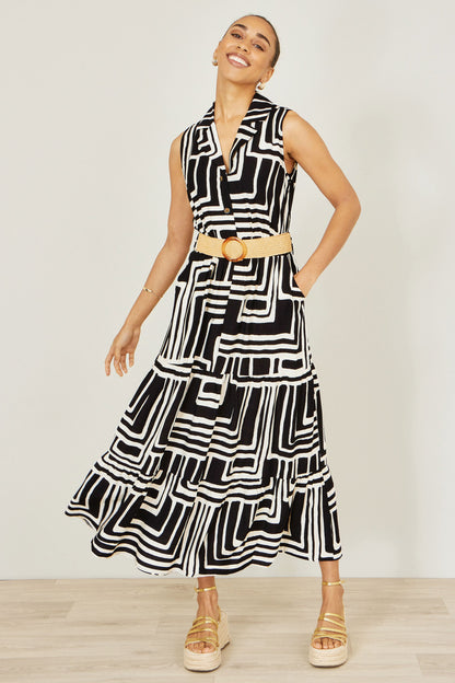 The Geo Print – Black Viscose Midi Shirt Dress