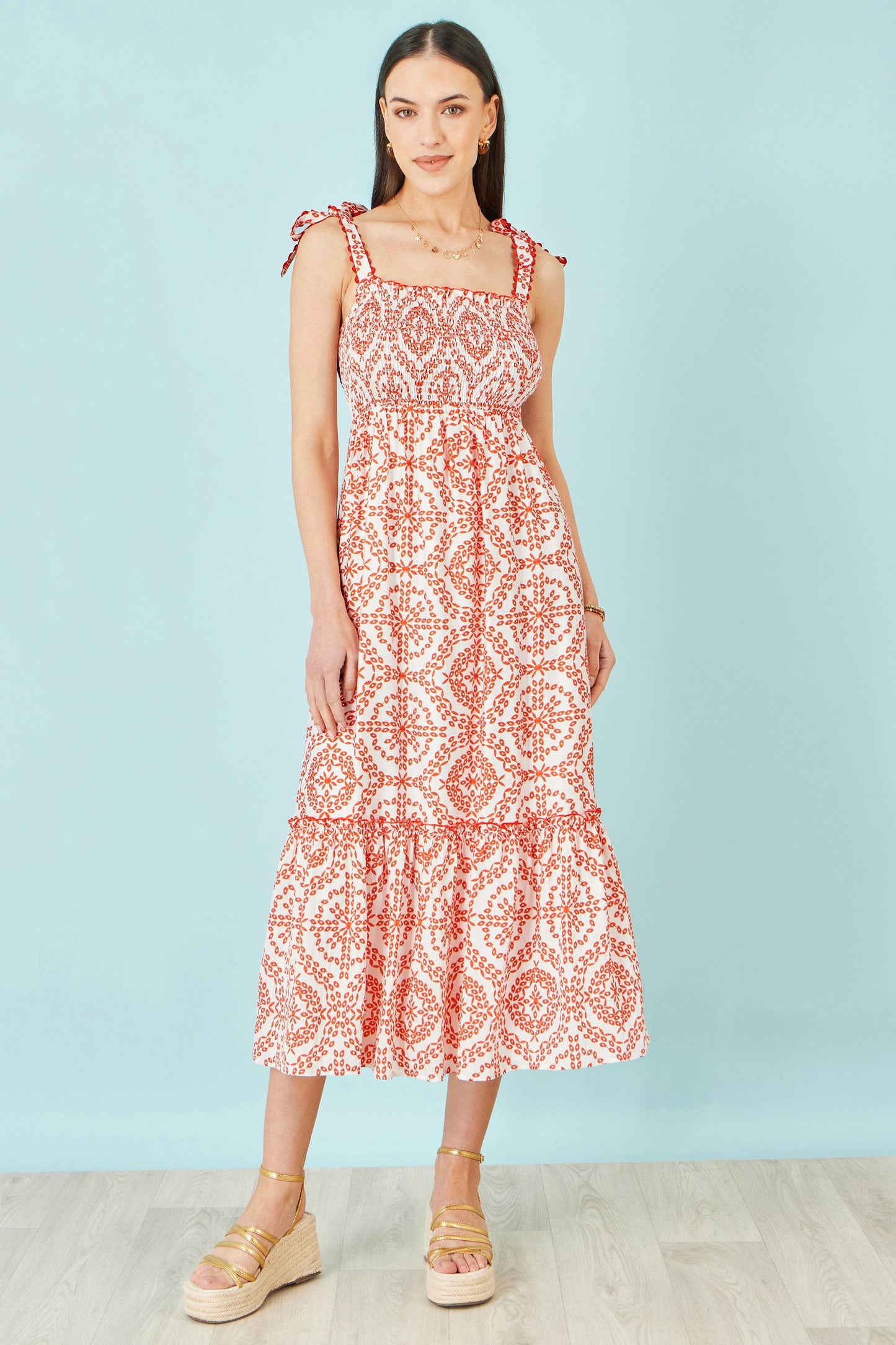 Red Viscose Ruched Tie Strap Midi Sun Dress