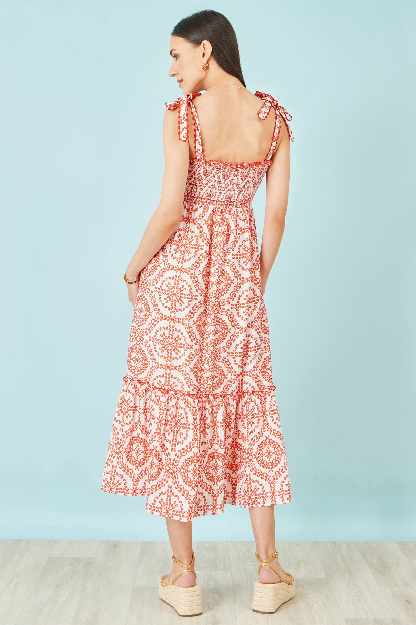 Red Viscose Ruched Tie Strap Midi Sun Dress