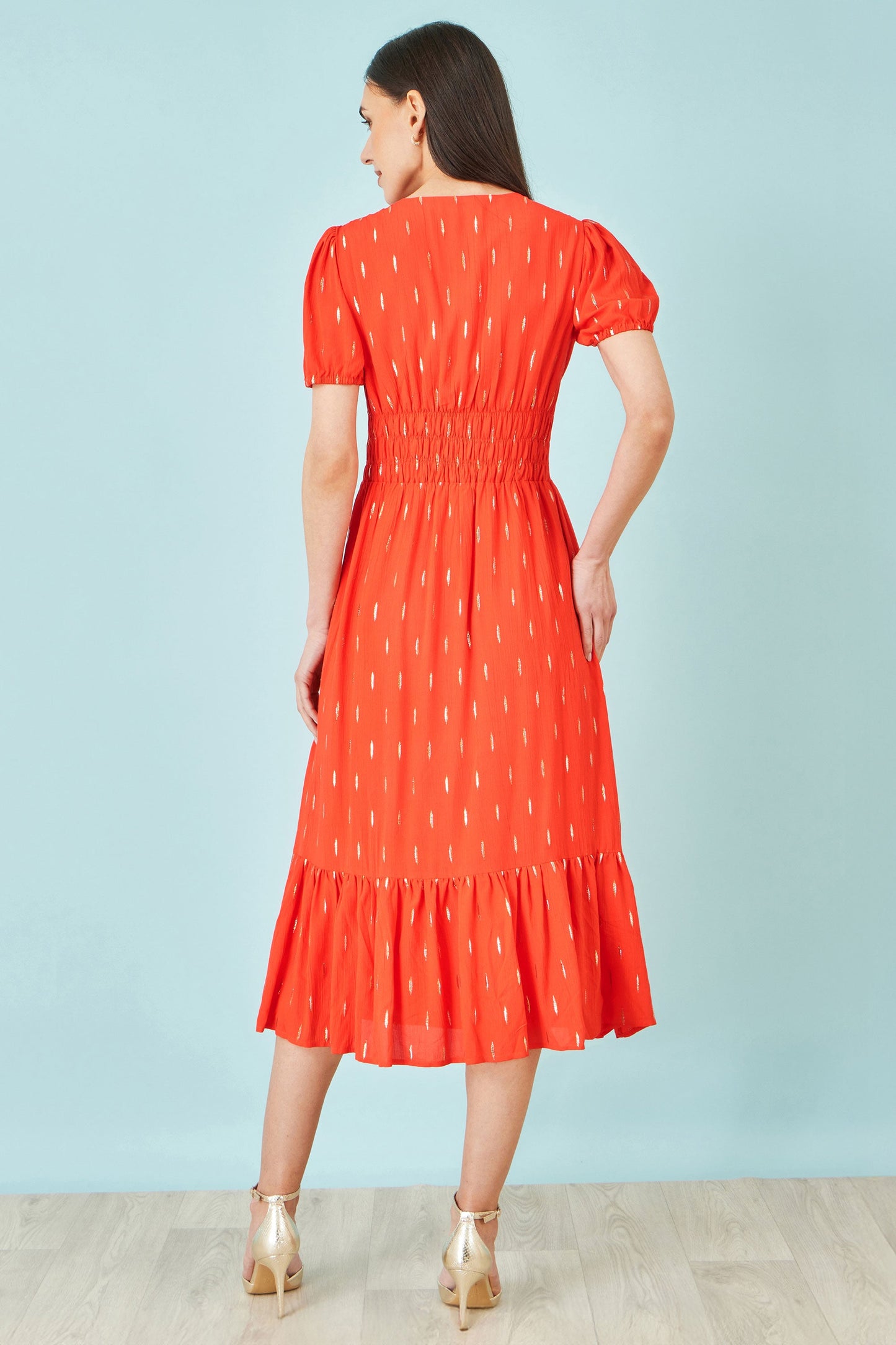 Orange Foil Print Viscose Cut Out Midi Dress