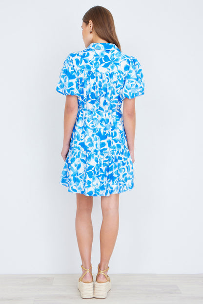 Blue Floral Print Viscose Relaxed Shirt Dress