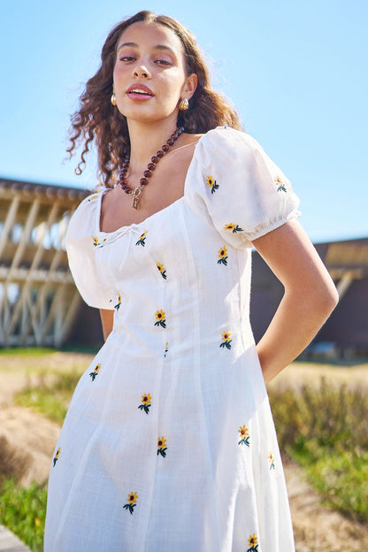 The Sunflower – White Cotton Embroidered Midi Dress