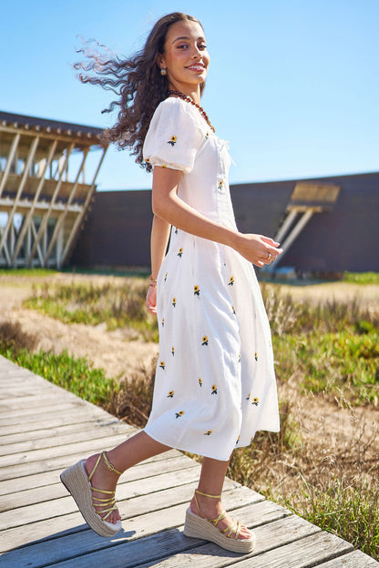 The Sunflower – White Cotton Embroidered Midi Dress