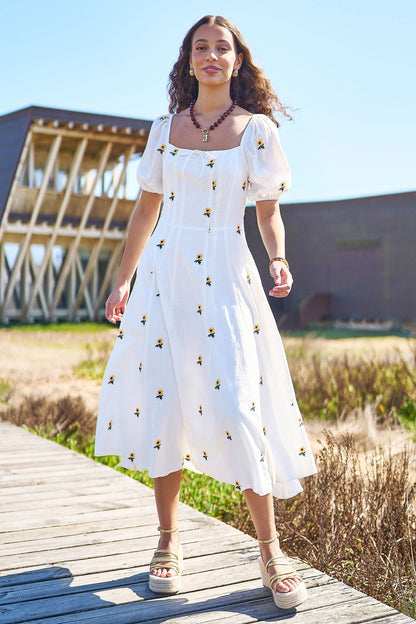 The Sunflower – White Cotton Embroidered Midi Dress