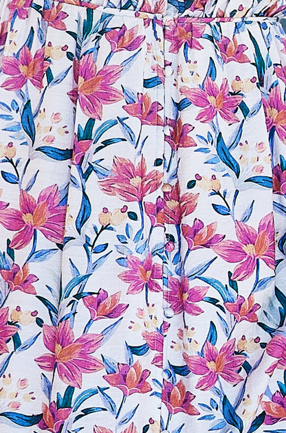 White Viscose Floral Ruched Waist Midi Dress