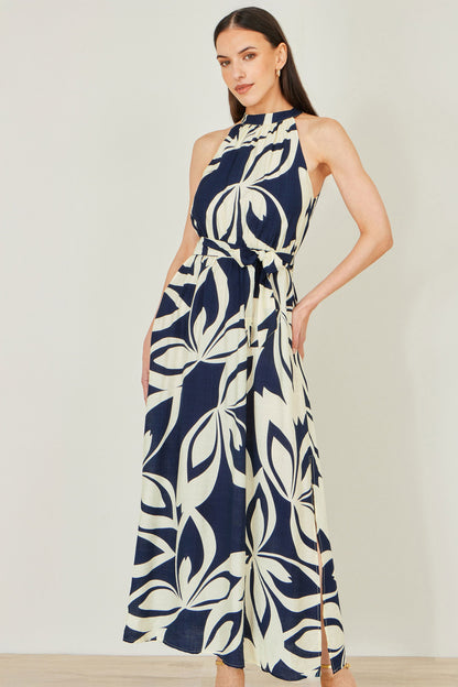 Navy Geo Swirl Print Halter Maxi Dress
