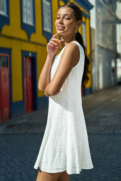 White Cotton Applique Flower Swing Shift Dress