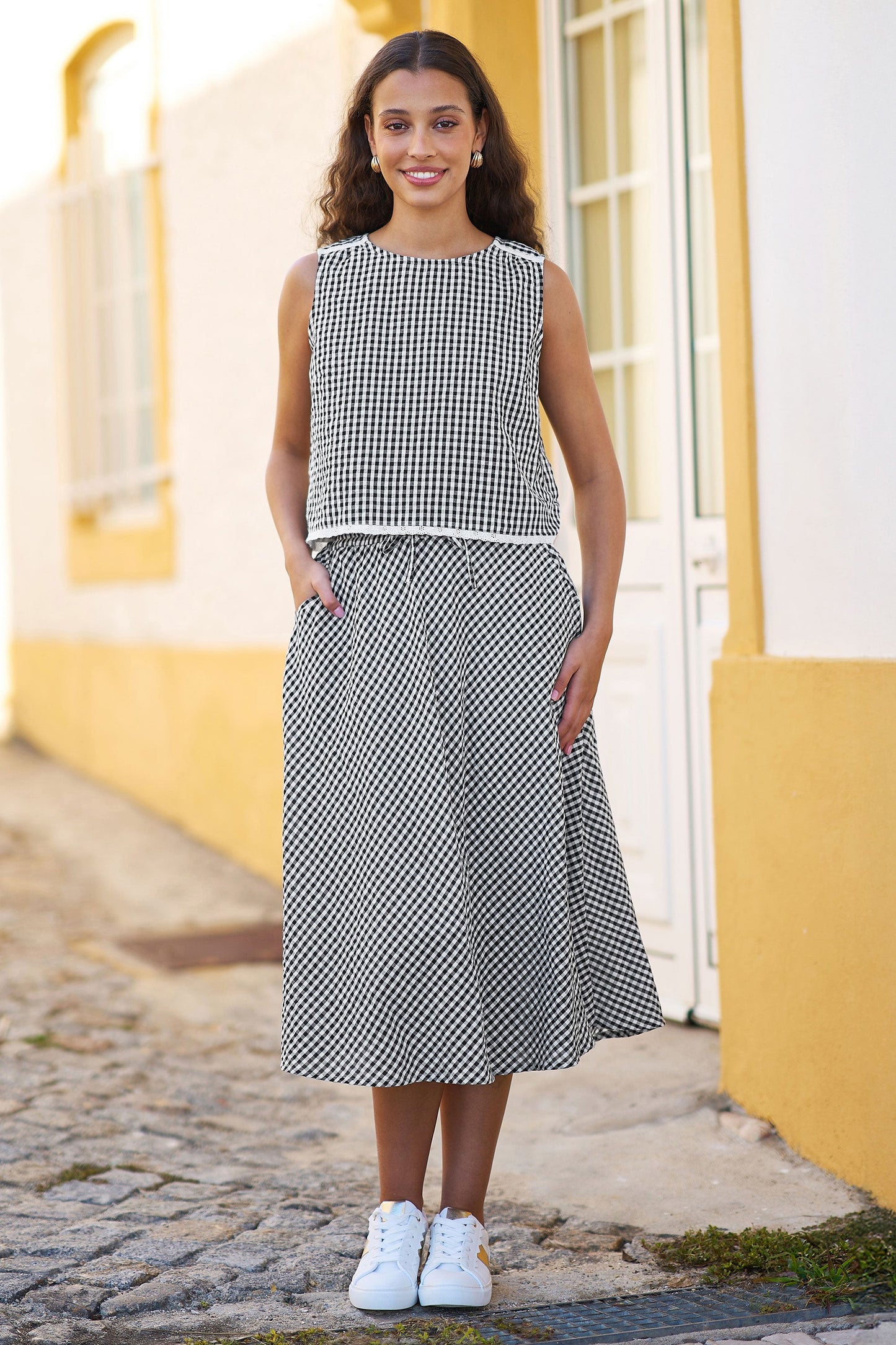 Black Gingham Cotton Top With Lace Trims