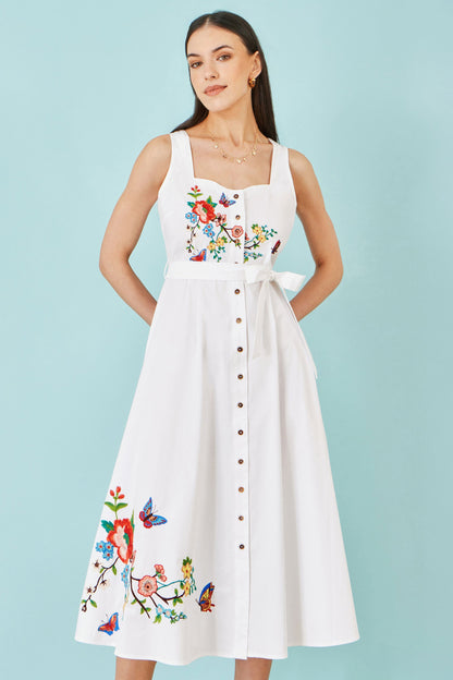 White Cotton Midi Dress With Embroidery