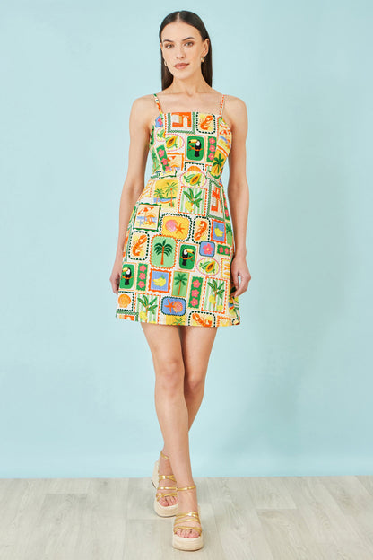 Multicolour Postcard Print Mini Sun Dress