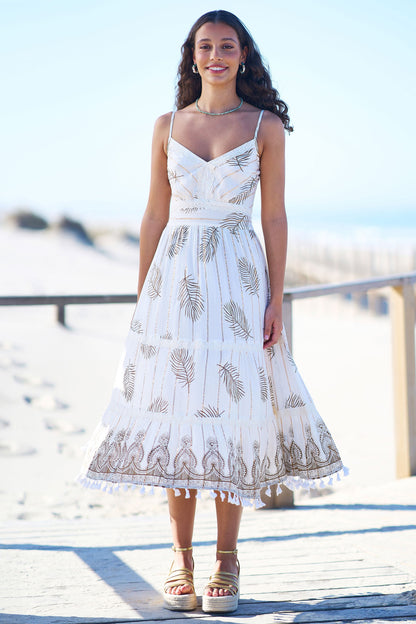 Ivory Foil Print Midi Sun Dress With Lace Trims