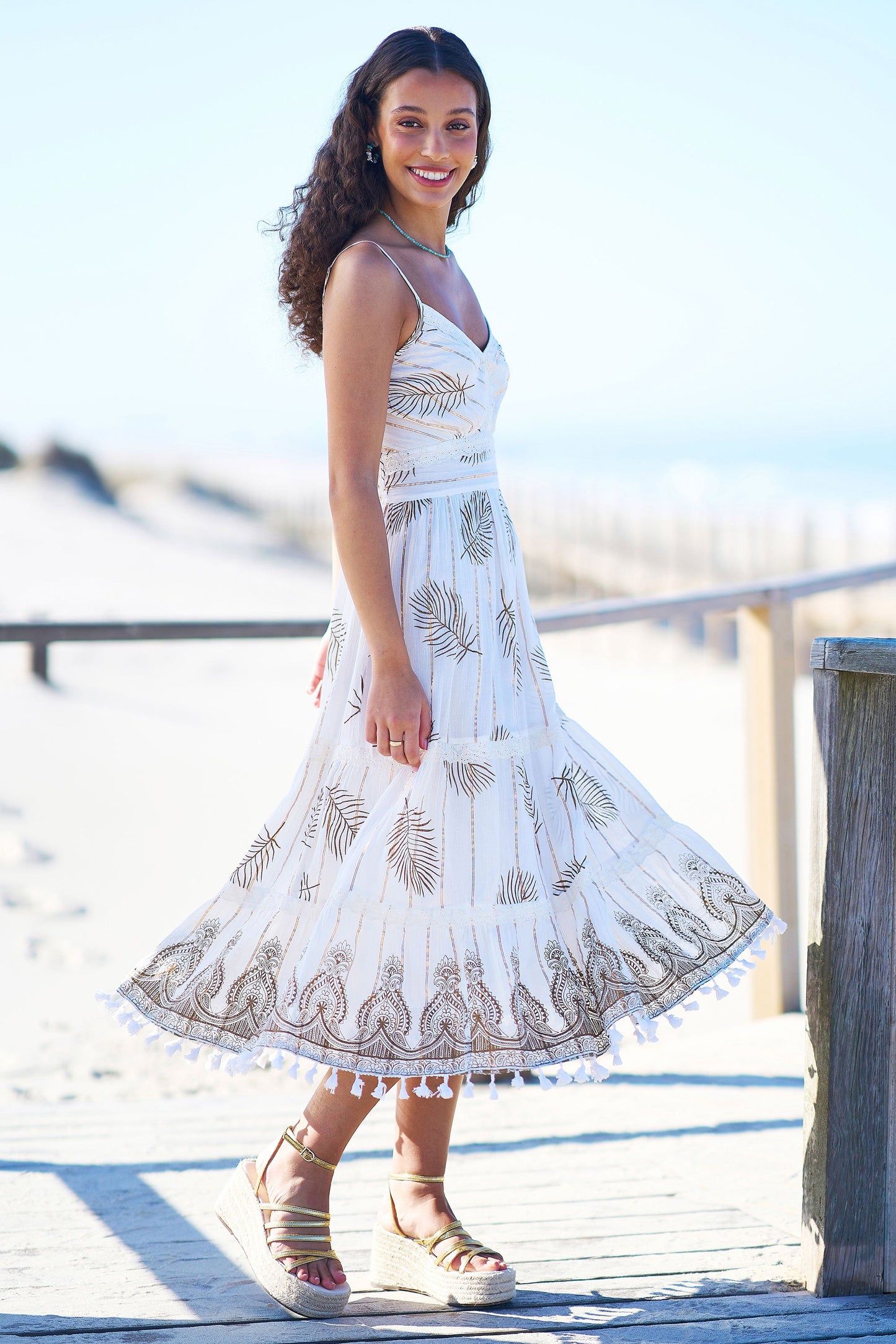 Ivory Foil Print Midi Sun Dress With Lace Trims