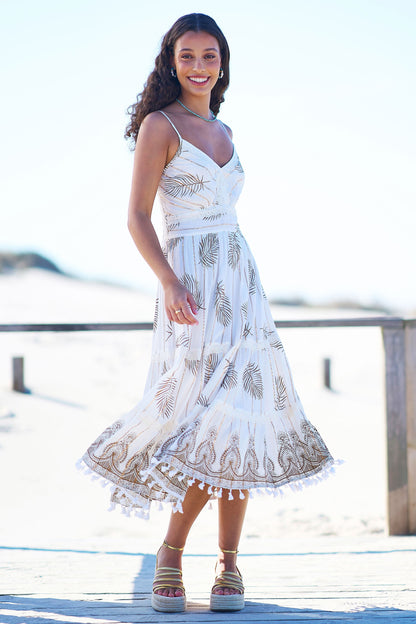 Ivory Foil Print Midi Sun Dress With Lace Trims