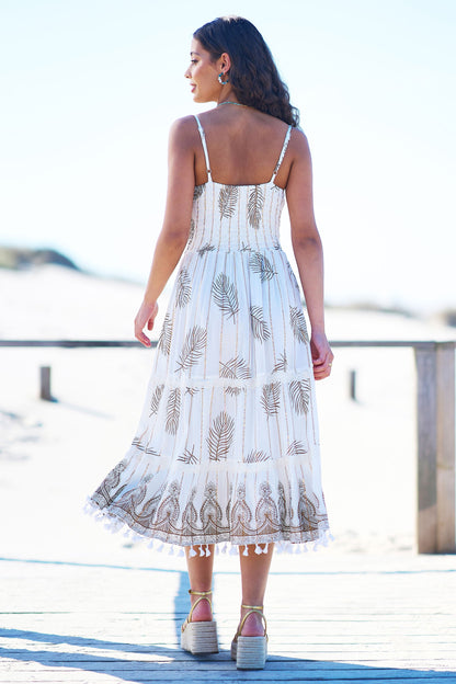 Ivory Foil Print Midi Sun Dress With Lace Trims