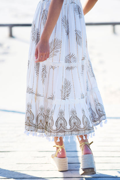 Ivory Foil Print Midi Sun Dress With Lace Trims