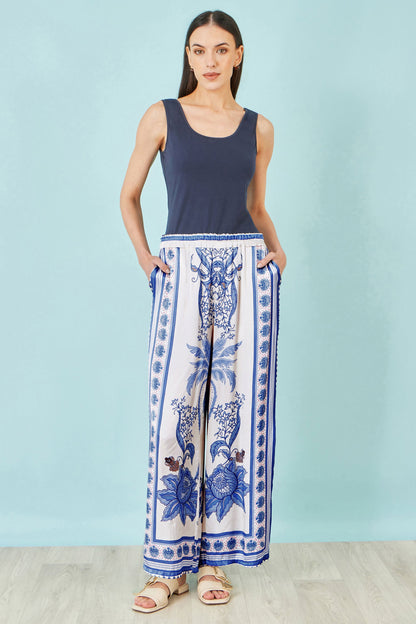 Blue Satin Print Placement Relaxed Trousers
