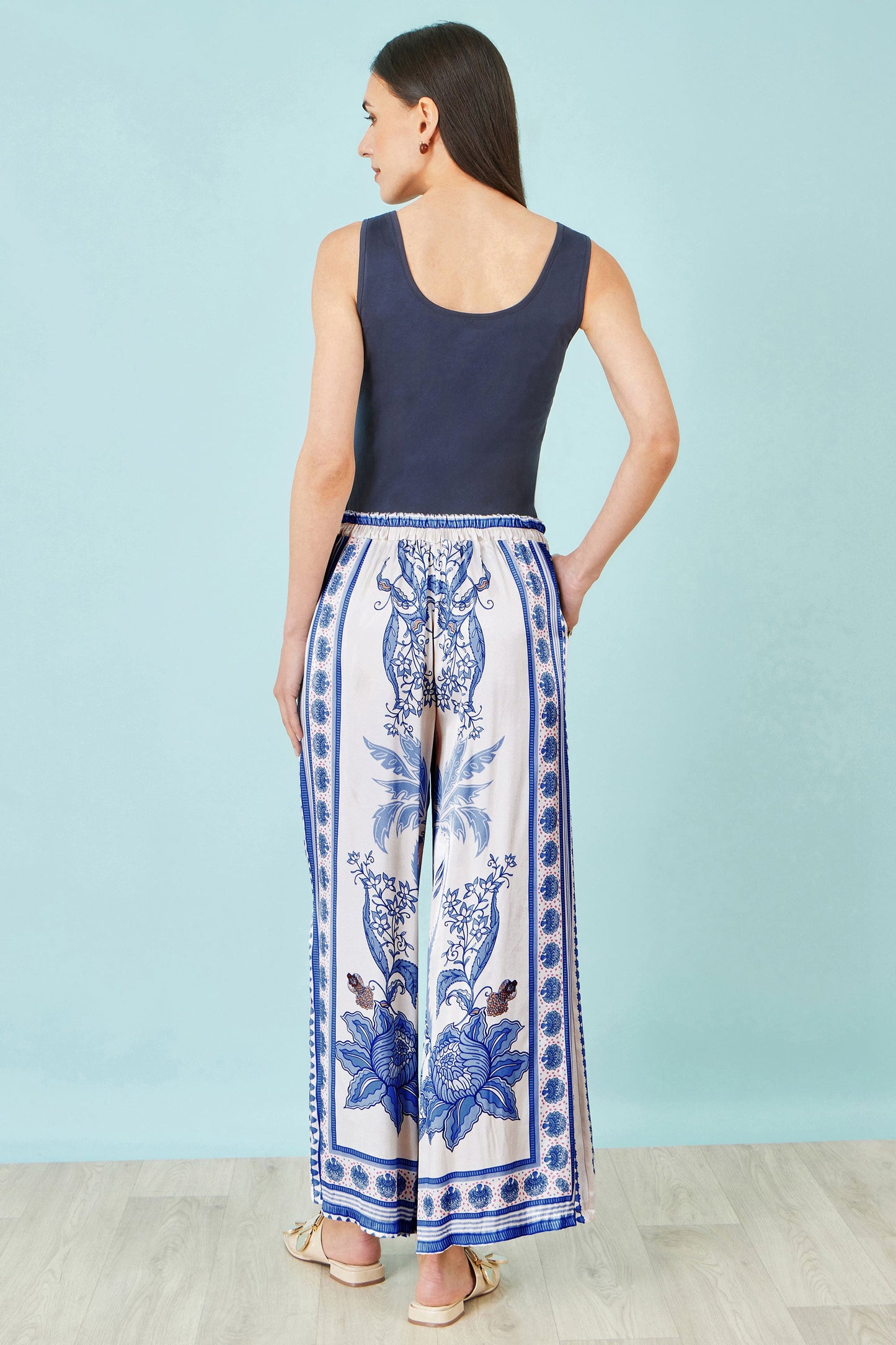 Blue Satin Print Placement Relaxed Trousers