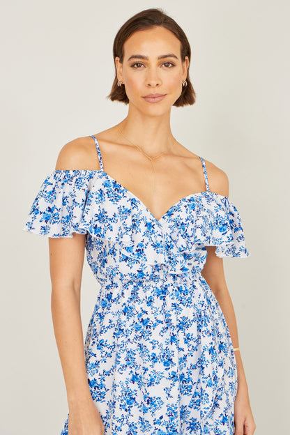 Blue Floral Print Bardot Midi Dress With Dip Hem