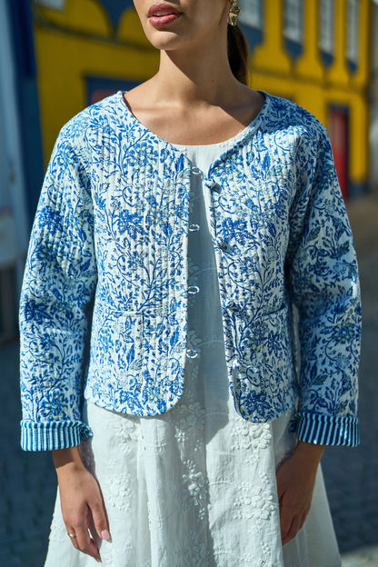 The Blue Boho Floral – Reversible Cotton Quilted Cropped Jacket