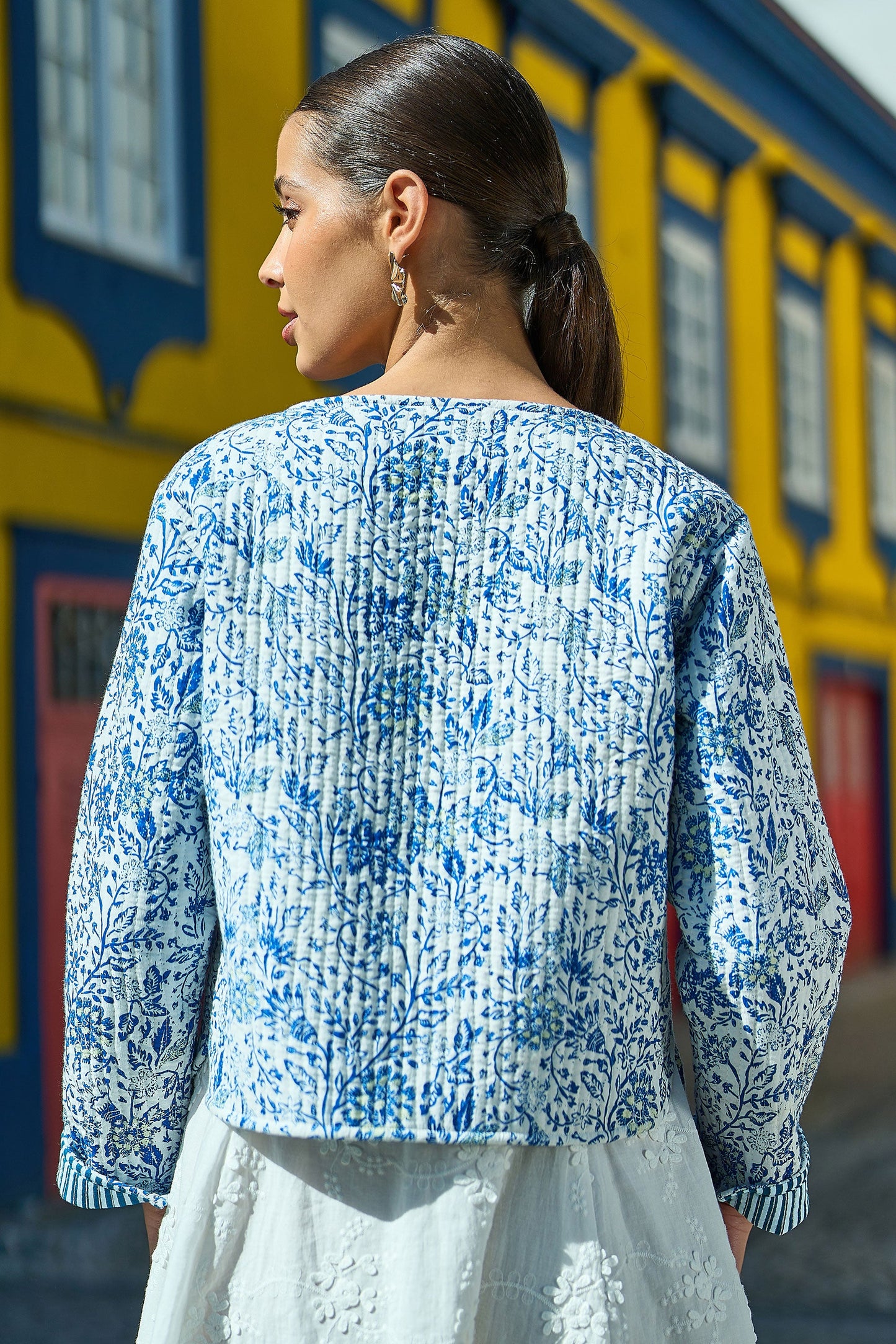 The Blue Boho Floral – Reversible Cotton Quilted Cropped Jacket