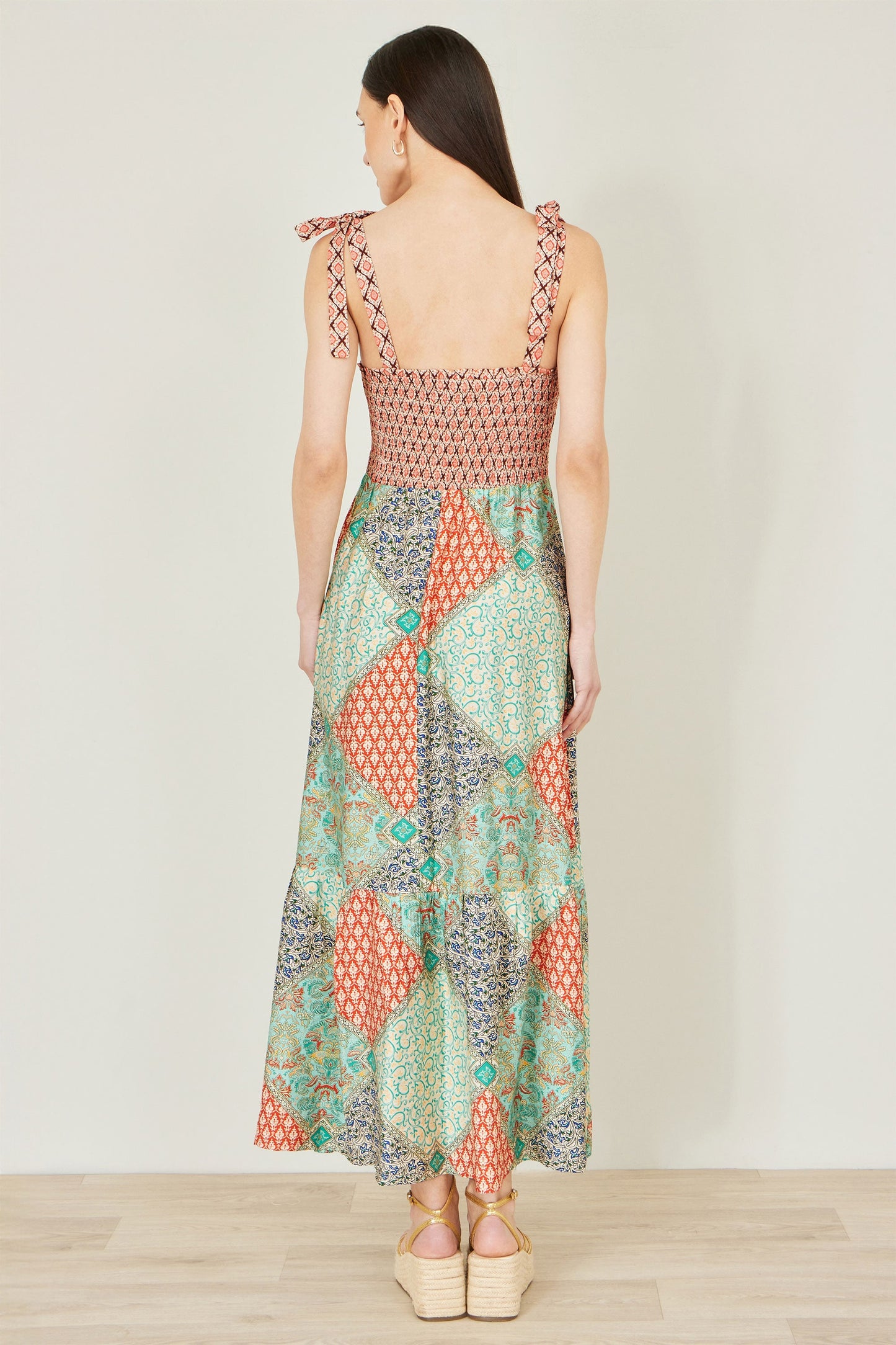 Multicolour Patchwork Ruched Smocked Maxi Sundress
