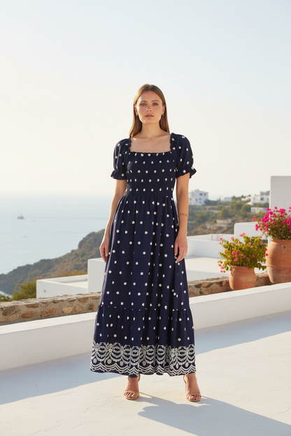 Navy Border Hemline Smocked Maxi Dress Lifestyle