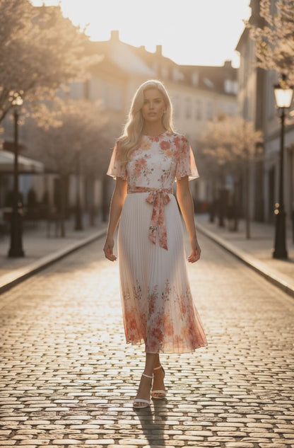 The Mirror Floral – White Pleated Midi Dress