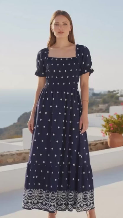 The Smocked – Navy Floral Maxi Dress